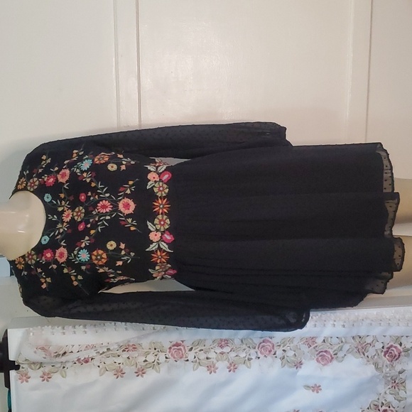 ZARA Floral Embroidered Black Sheer Swiss Dot Long Sleeve Boho Mini Dress S - Picture 1 of 9
